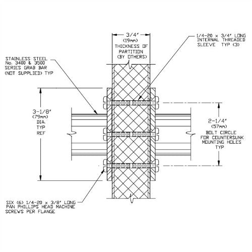 ASI 3925 Kit to Mount 2 Grab Bars Back-to-Back thru 3/4“ to 1” Thick Partitions, 1 Per Flange Pair