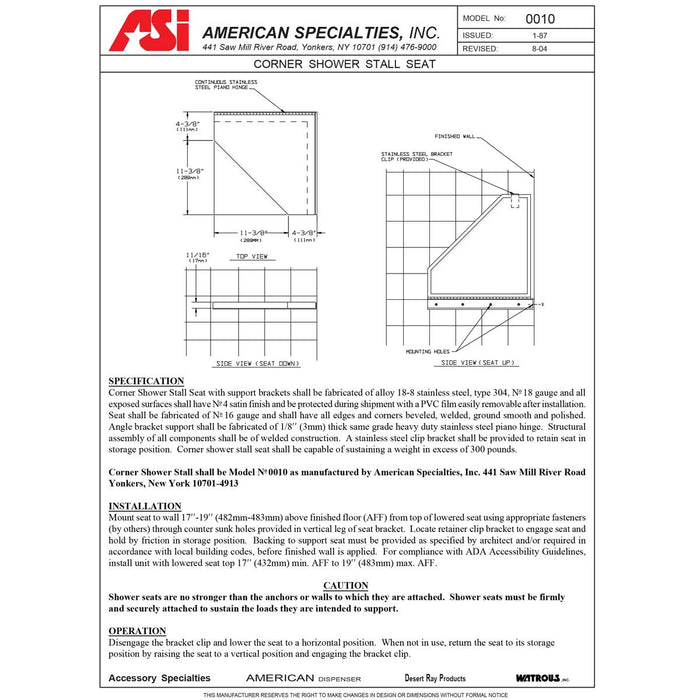 ASI 0010 Corner Shower Seat - Stainless Steel, Surface Mounted