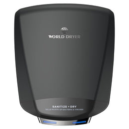 Black hand dryer with 'World Dryer' branding on a white background