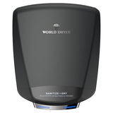 Black hand dryer with 'World Dryer' branding on a white background