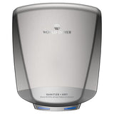 Silver hand dryer with 'World Dryer' branding on a white background