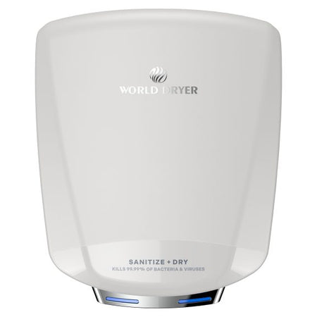 White hand dryer with 'World Dryer' branding on a white background