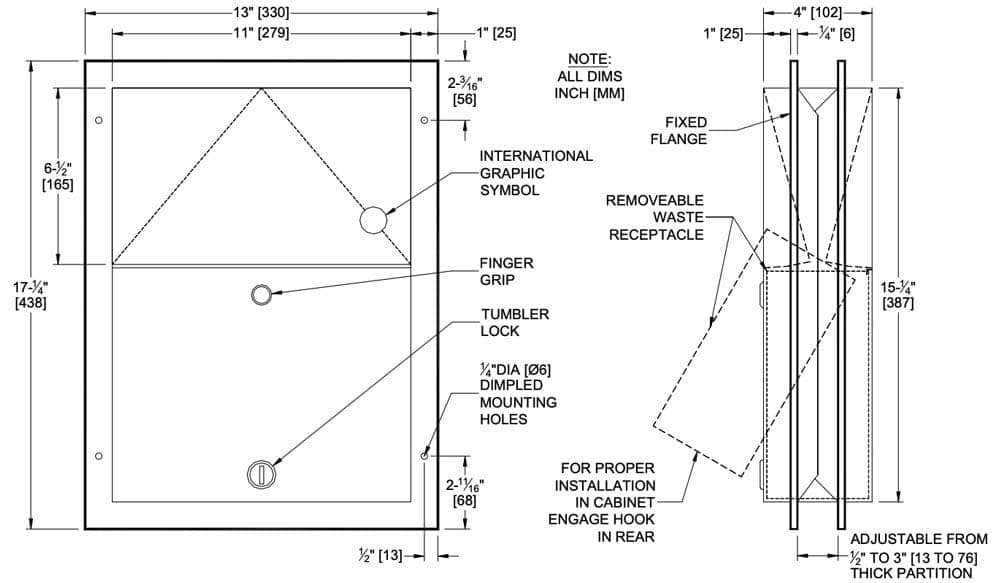 ASI 0472-1 Commercial Restroom Sanitary Napkin DisposaltabbPartition-MountedtabbStainless Steel