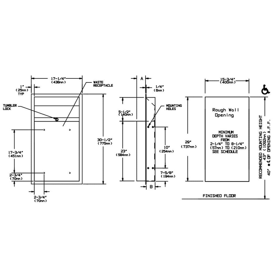 ASI 0458 Commercial Restroom Waste Receptacletabb12 GallontabbSemi-Recessed-Mountedtabb4" W x 4 H x 4-1/4" DtabbStainless Steel"