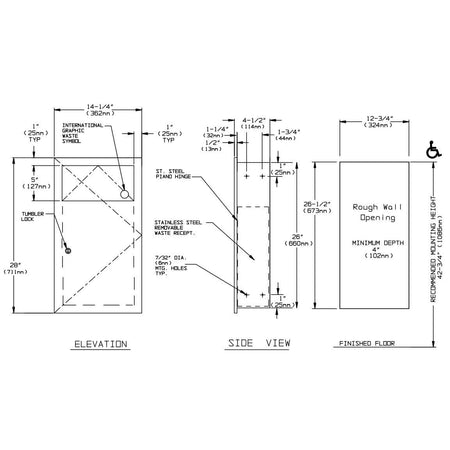 ASI 6459 Commercial Restroom Waste Receptacletabb12 GallontabbRecessed-Mountedtabb12-3/4" W x 26-1/2 Htabb4-1/4" DtabbStainless Steel"