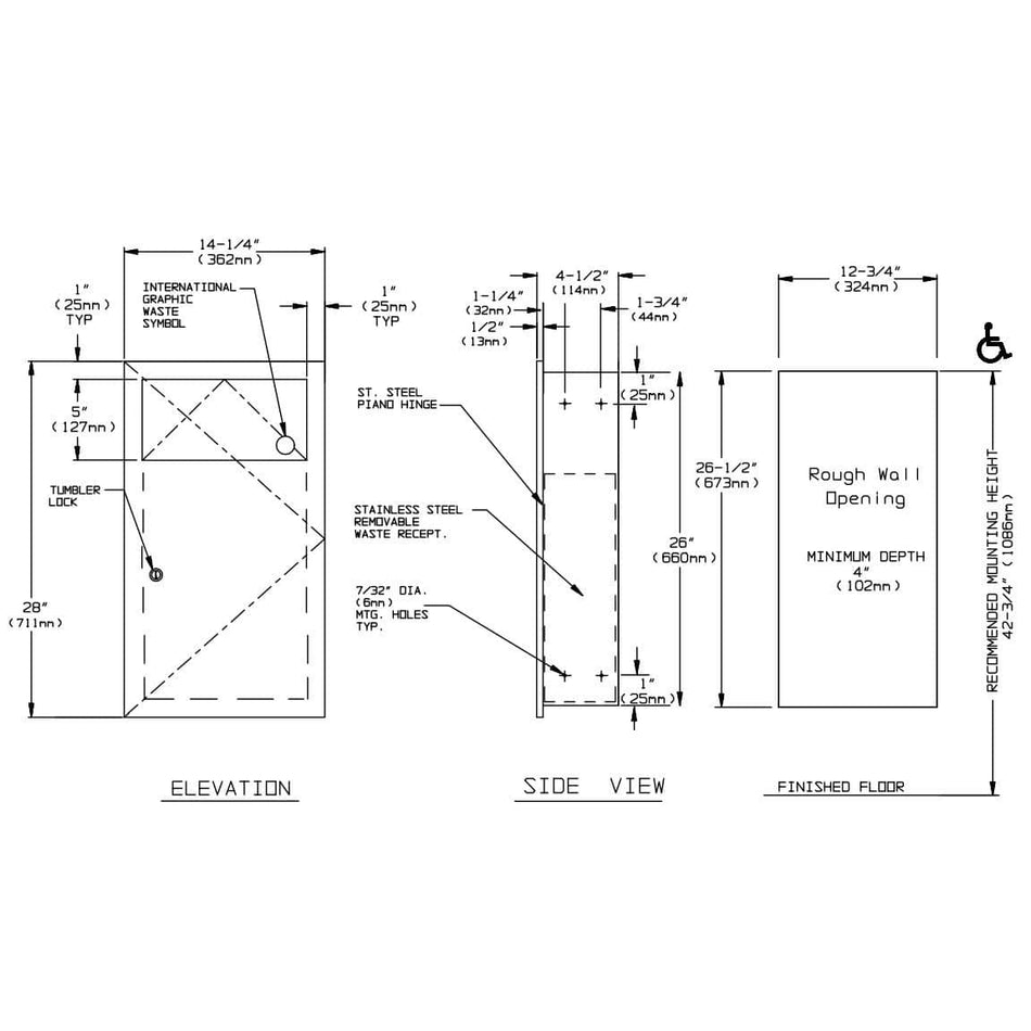 ASI 6459 Commercial Restroom Waste Receptacletabb12 GallontabbRecessed-Mountedtabb12-3/4" W x 26-1/2 Htabb4-1/4" DtabbStainless Steel"