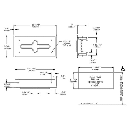 ASI 02594-SS Facial Tissue Dispensertabb11-11/16" L x 6-3/8 WtabbRecessed-MountedtabbStainless Steel"