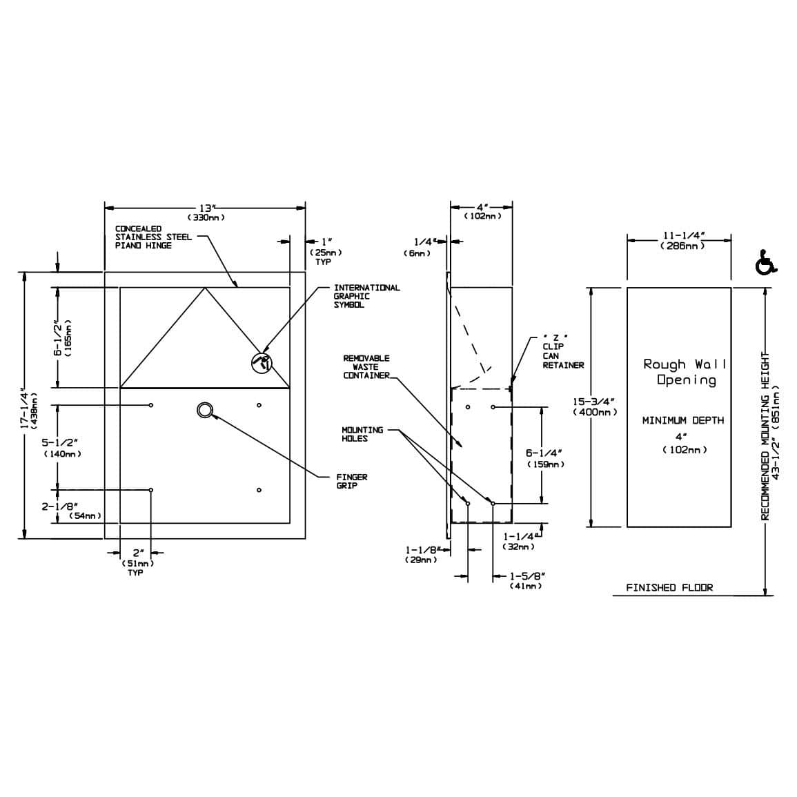 ASI 0473 Commercial Restroom Sanitary Napkin DisposaltabbRecessed-MountedtabbStainless Steel