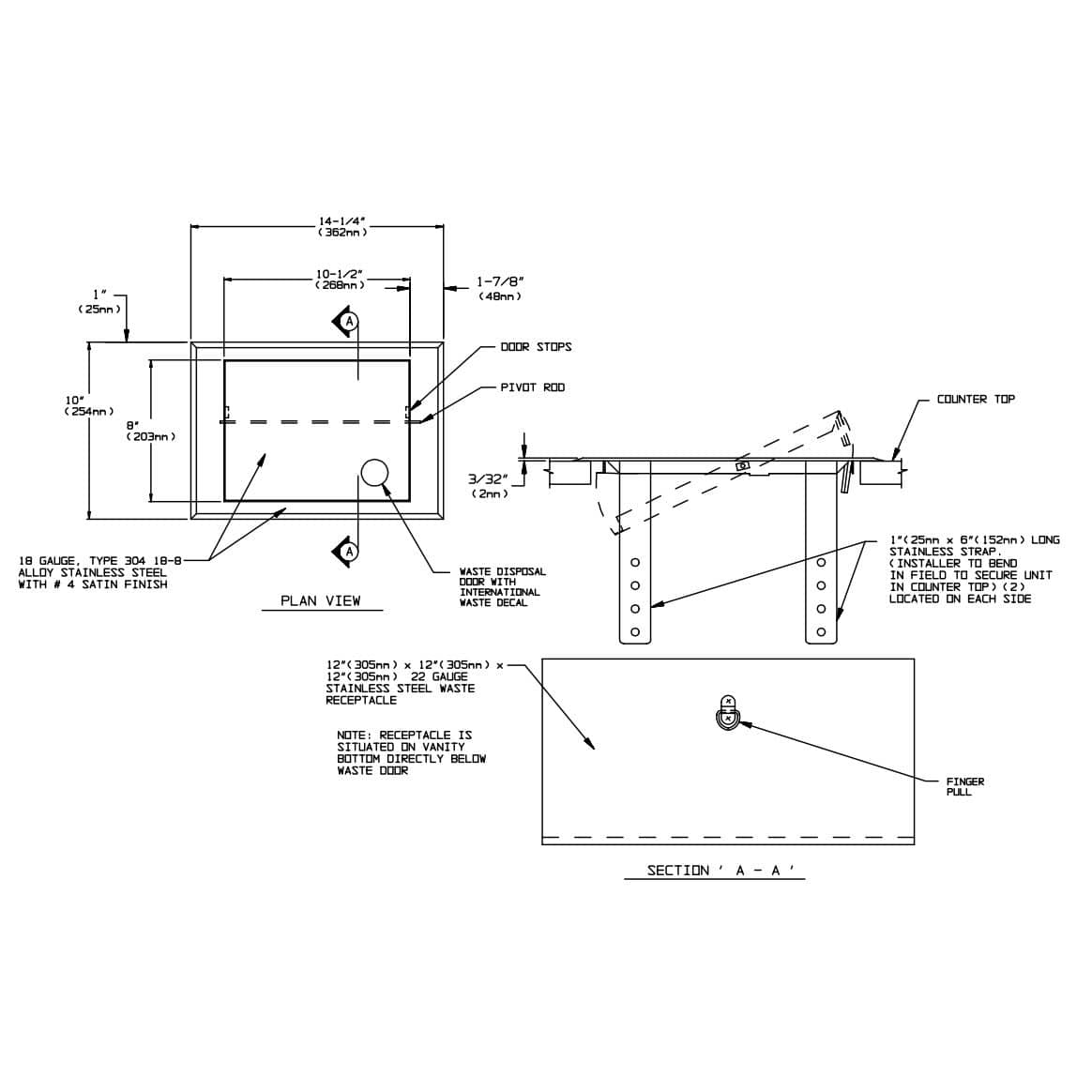 ASI 1003 Commercial Restroom Waste Receptacletabb2 GallontabbCounter Mountedtabb8-3/4" W x 12-1/2 Htabb4-1/2" DtabbStainless Steel"
