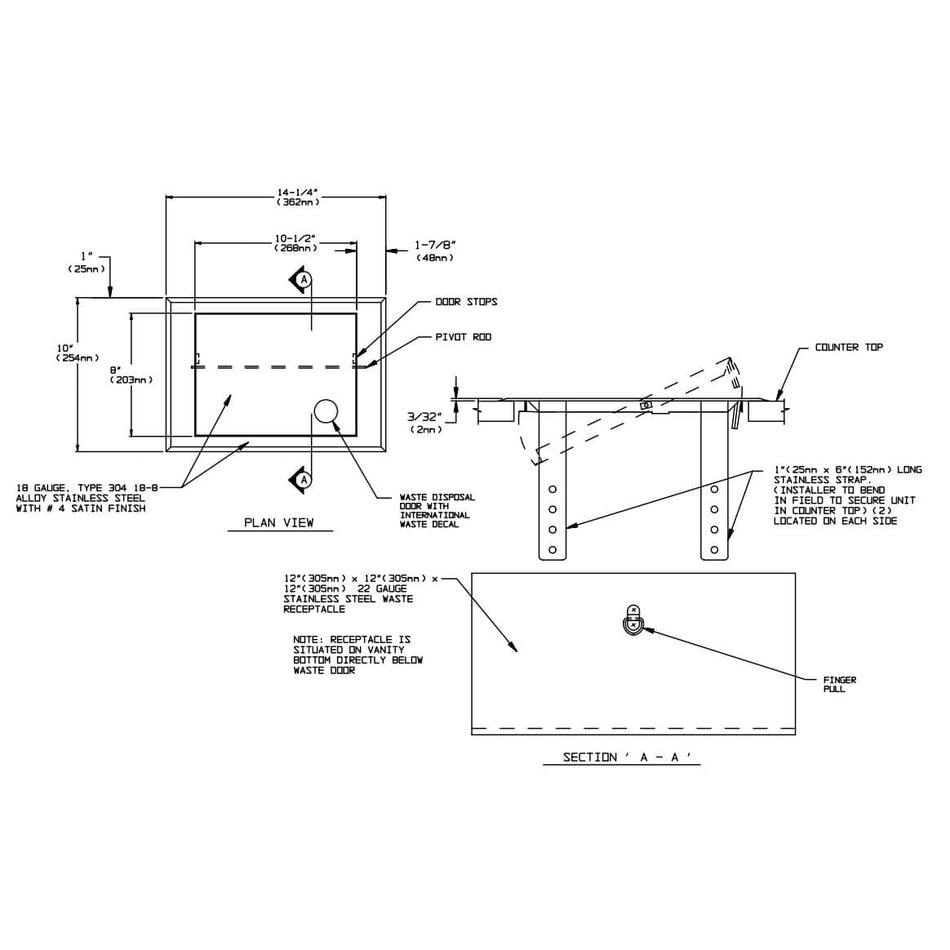 ASI 1003 Commercial Restroom Waste Receptacletabb2 GallontabbCounter Mountedtabb8-3/4" W x 12-1/2 Htabb4-1/2" DtabbStainless Steel"