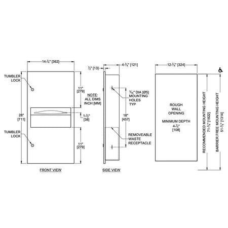 ASI 64623-41 Piatto Recessed Paper Towel Dispenser and Waste ReceptacletabbBlack Phenolic Doortabb14-1/4" x 28 x 4-9/16""